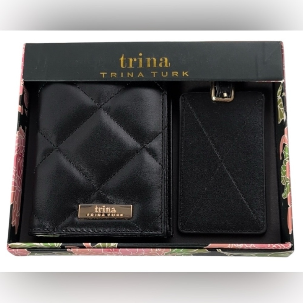 Trina Turk Black Quilted Passport Holder Luggage Tag Set - Picture 13 of 13